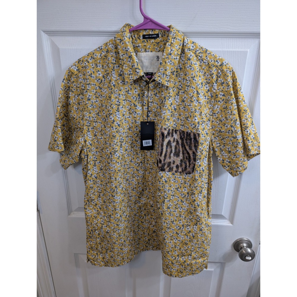 R13 Tony Shirt Mens Yellow Floral Liberty Cotton Silk Leopard NWT - Size L‎